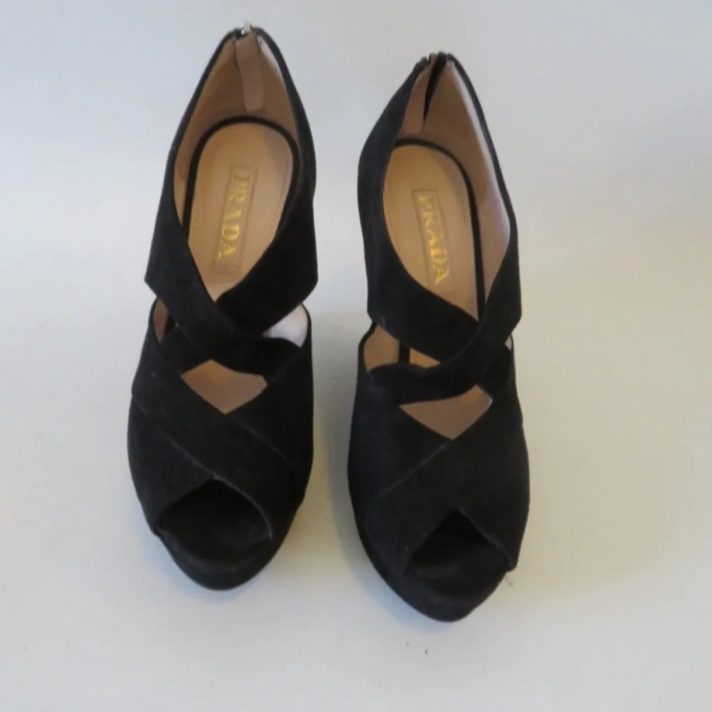 PRADA BLACK SUEDE OPEN TOE WEDGE SANDALS SIZE 37.5 - Picture 3 of 6